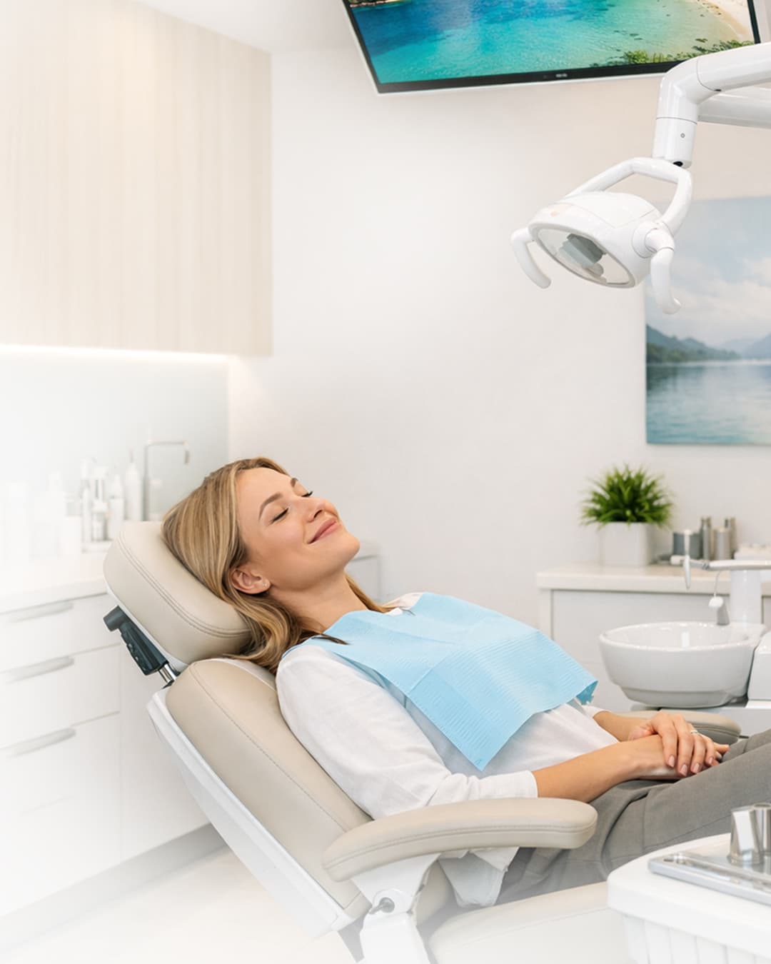 Relaxed patient resting in the dental chair beside calming ocean artwork